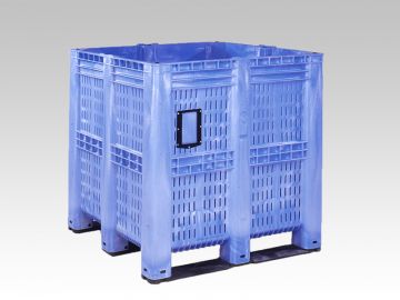 Perforated pallet box 1400L, 1300x1150x1250 mm on 3 skids blue