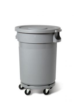 Round waste container, 80 l, 460x570x780 mm with clamp lid, on wheels, grey