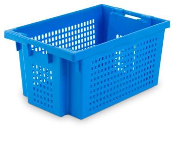 Draaistapelbak, 50 liter, 600x400x300mm, geperforeerde bodem en wanden, blauw