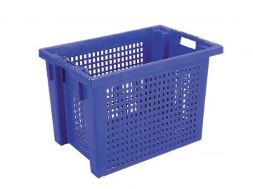 Draaistapelbak, 70 liter, 600x400x400 mm, geperforeerde bodem en wanden, blauw