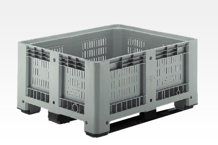 Palletbox 430 liter, 1200x1000x600 mm op 3 sleden lichtgrijs