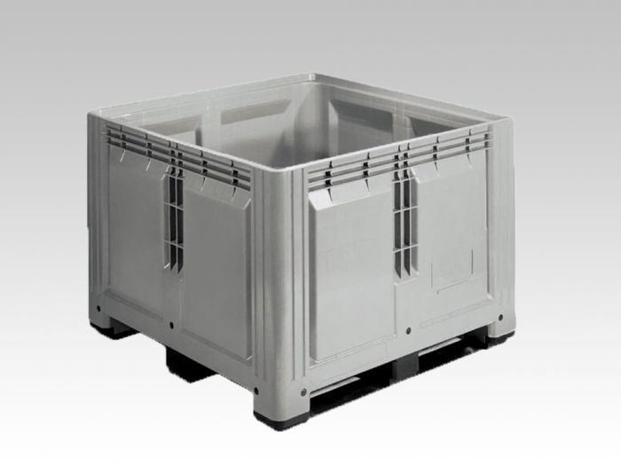 Kunststof palletbox op 3 sleden, 1200x1200x870 mm, 900 l. grijs