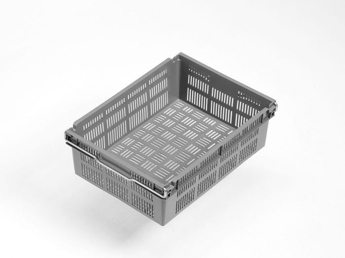 Bale arm crate 12L, 400x300x131 mm, perforated bottom and wall, grey