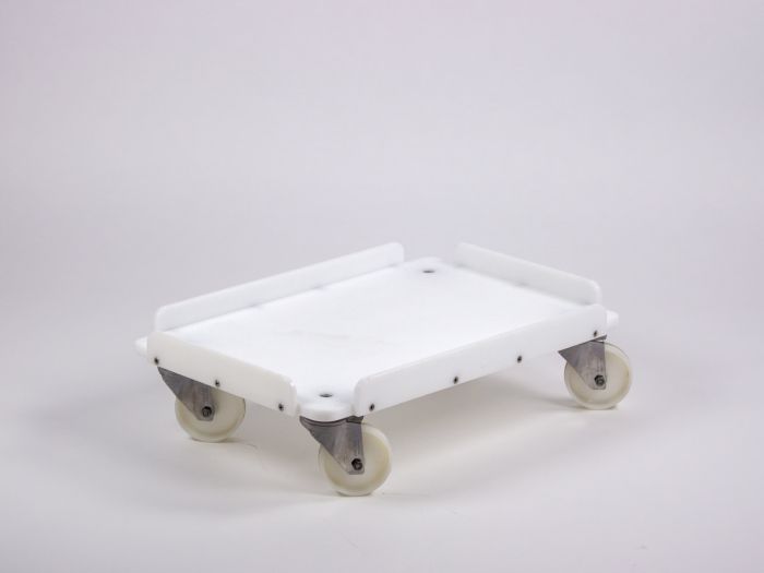 Trolley 600x400x200 mm met 4 inox zwenkwielen waarvan 2 met rem, wit