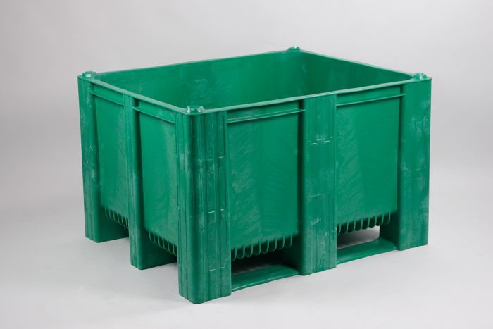 Palletbox 1200x1000x760 mm, 630 liter, met 3 sleden, groen, zonder middenrim