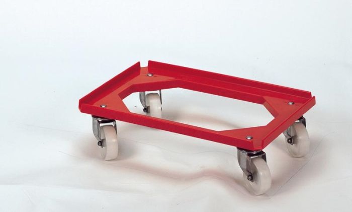 Kunststof transportroller, 600x400 mm open dek, galva zwenkwielen, rood