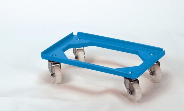 Kunststof transportroller, 600x400 mm open dek, galva zwenkwielen, blauw
