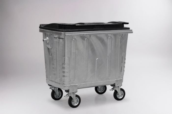 Metalen afvalcontainer 660 liter, met zwart kunststof deksel