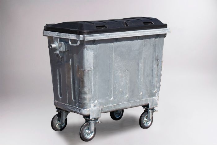 Metalen afvalcontainer, 660 liter, met zwart dubbelwandig deksel