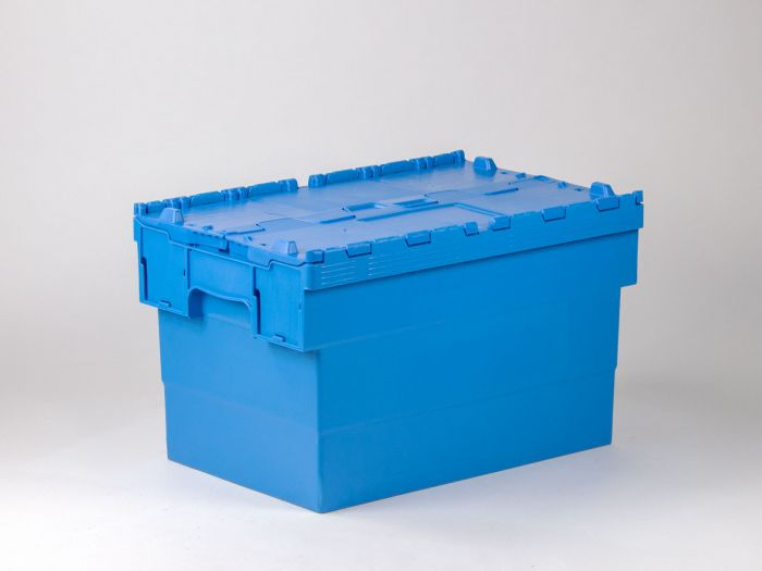 Kunststof distributiebak, bakdeel blauw, dekselhelften blauw 63 ltr