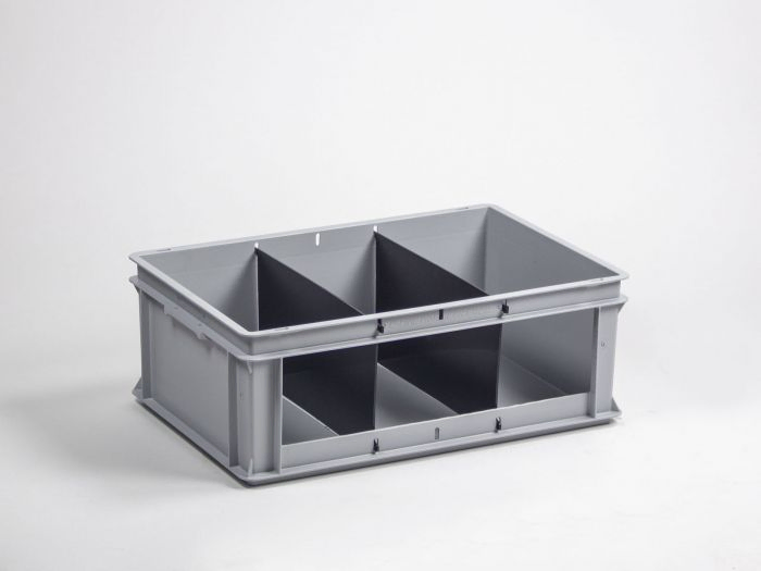 Stackable storage bin 40L open front with three compartments