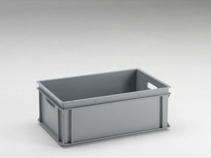 Normbox stackable bin 600x400x220 mm, 40L with open grips, grey Virgin PP