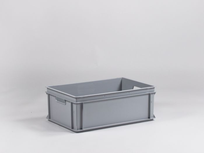 E-line Normbox stackable bin 600x400x220 mm, 40L with open grips, grey PP recycle