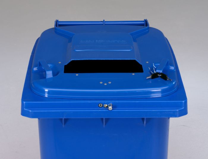 Afvalcontainer 240 liter, blauw met automatic slot, papiersleuf en glijgoot