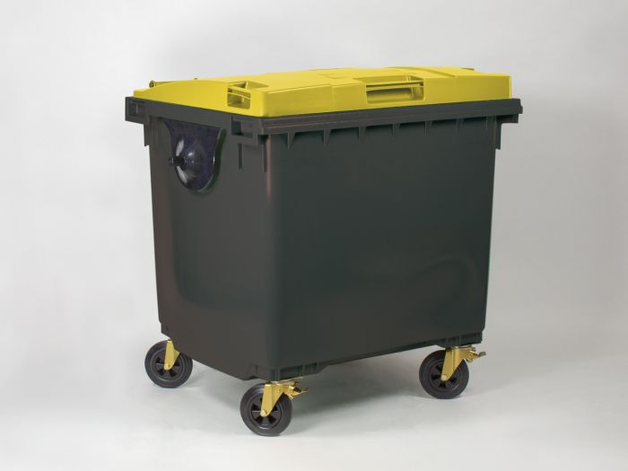 Afvalcontainer 1000 liter, met scharnierdeksel, donkergrijs/geel