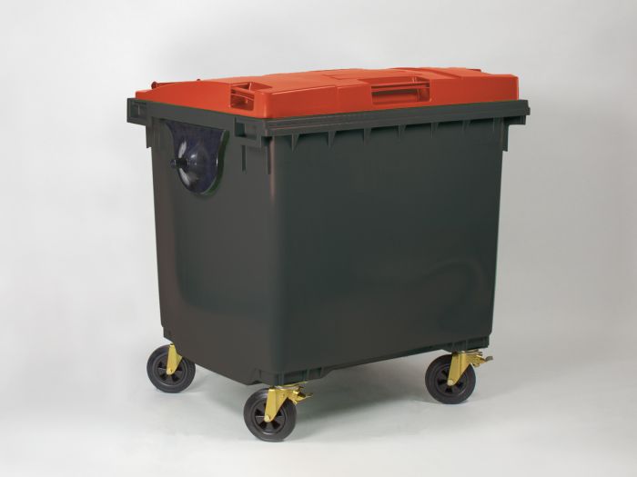 Afvalcontainer 1000 liter, met scharnierdeksel, donkergrijs/rood