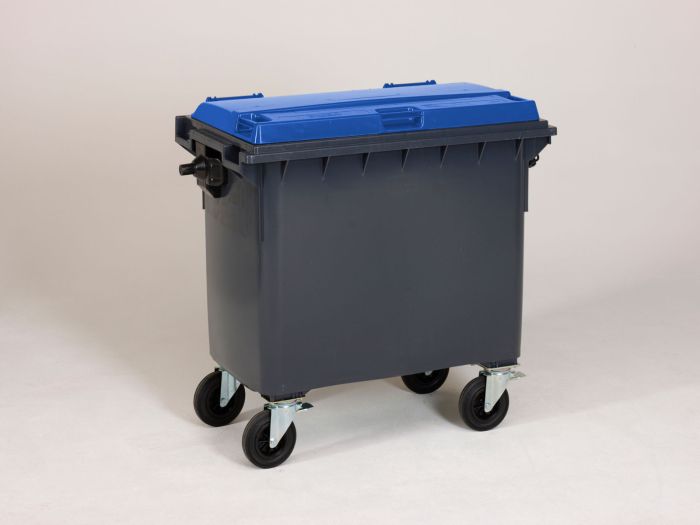 Afvalcontainer 660 liter, met scharnierdeksel, donkergrijs/blauw