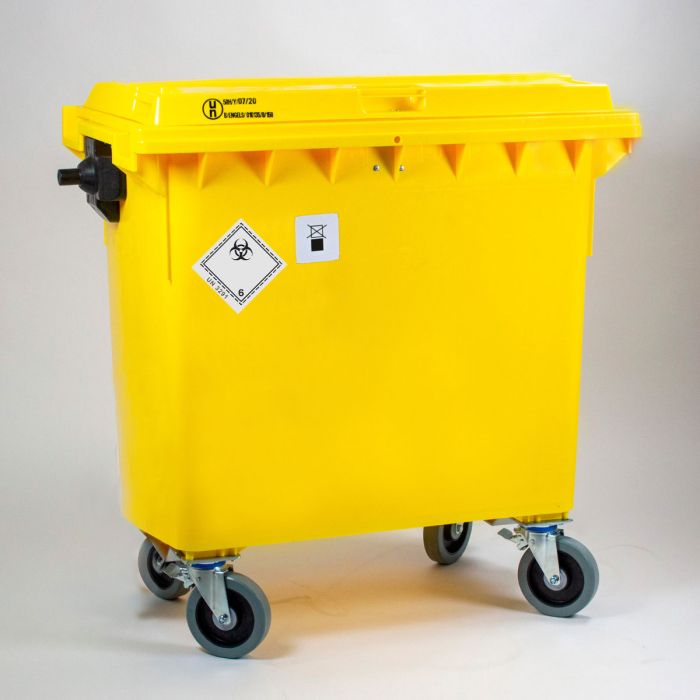 Un-gekeurde 4-wielcontainer 770 liter, met afsluitbaar deksel, UN3291, geel