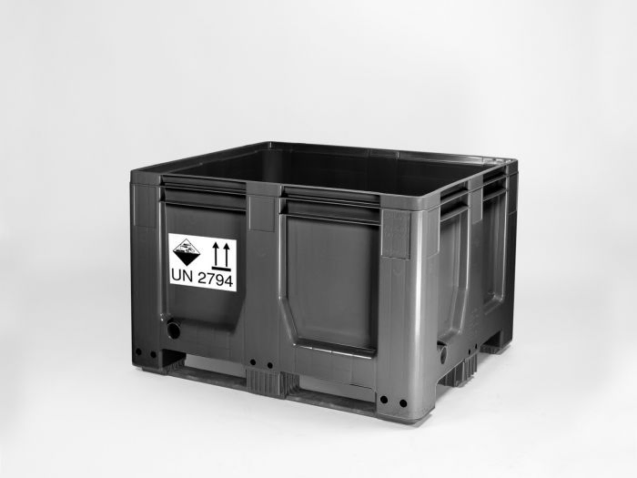 Plastic pallet box 1200x1000x780 mm, 610 L., 3 skids, recycle plastic, UN-2794 keur